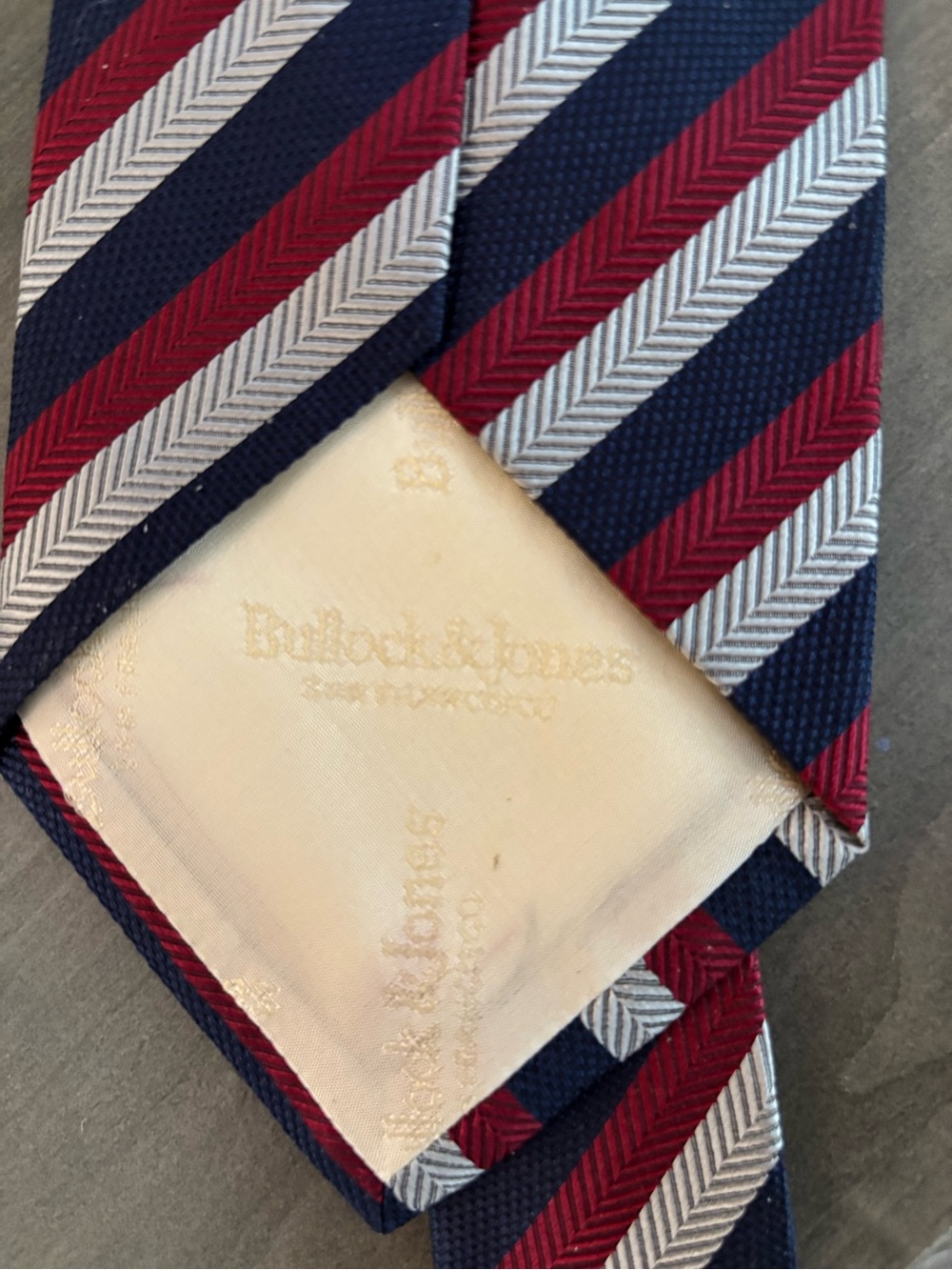Bullock & Jones Handmade Italian Silk Tie Navy Red Silver Stripe Classic Tie - Picture 3 of 5